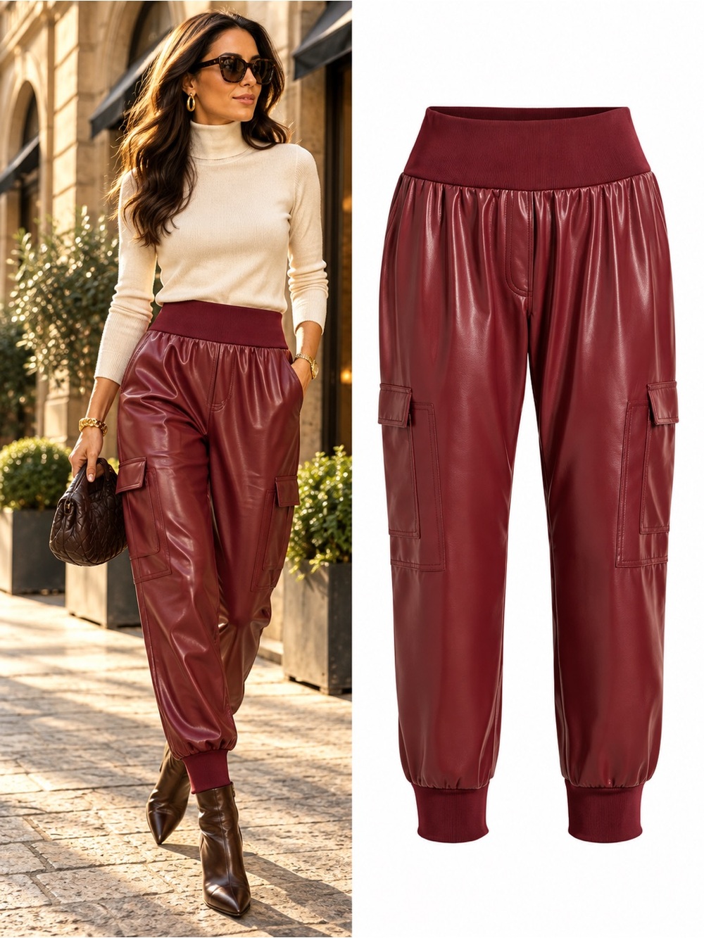 Cinq à Sept Giles Deep Sepia Faux Leather Cargo Jogger Pants Size 10